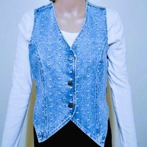 VITAGE BREAKER EMBROIDERED WHITE FLORAL LIGHT DENIM VEST SIZE SMALL